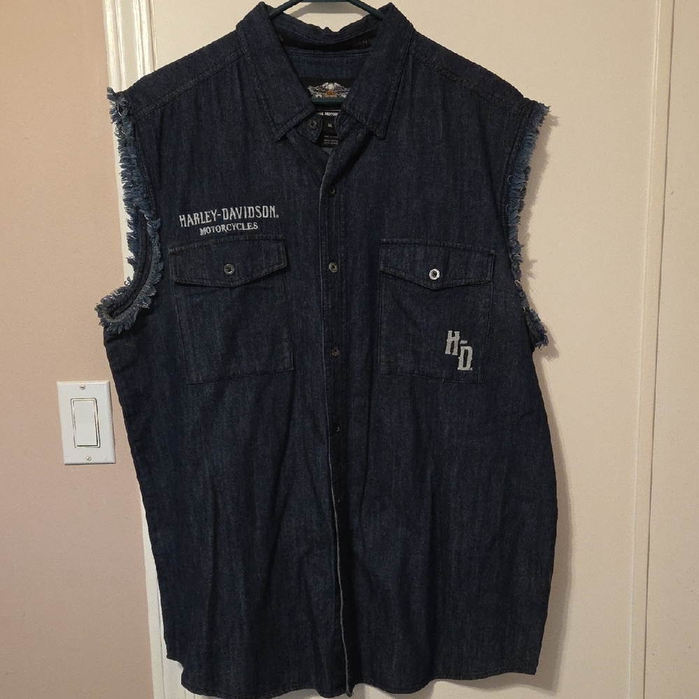 Harley-Davidson Men's Dark Blue Denim Cut-Off Shirt Jacket